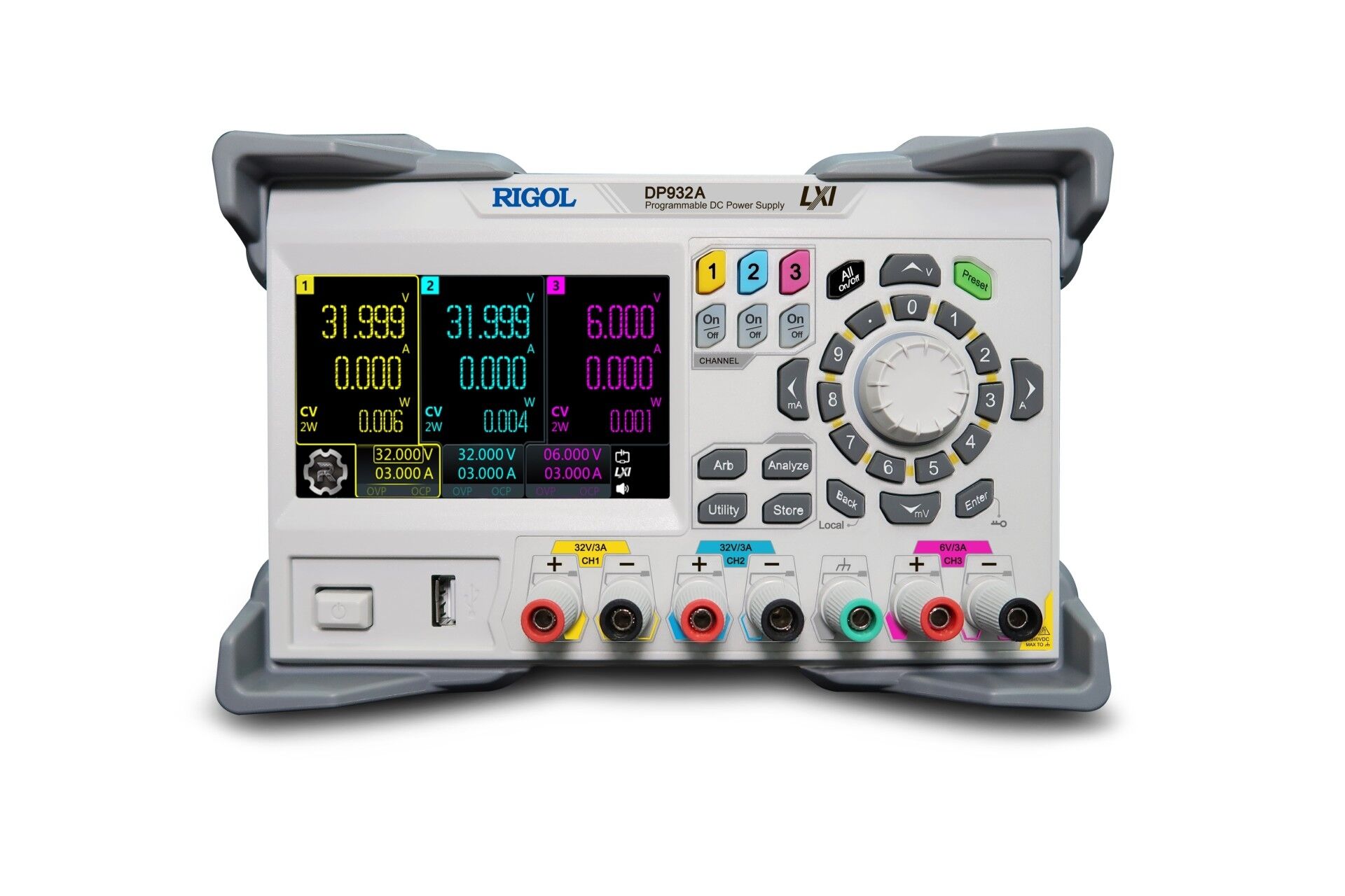 Rigol DP932A 210W 3 İzole Çıkışlı (CH1 / CH2: 0 - 32V-/ 0-3A CH3: 0-6V / 0-3A) Programlanabilir DC Güç Kaynağı