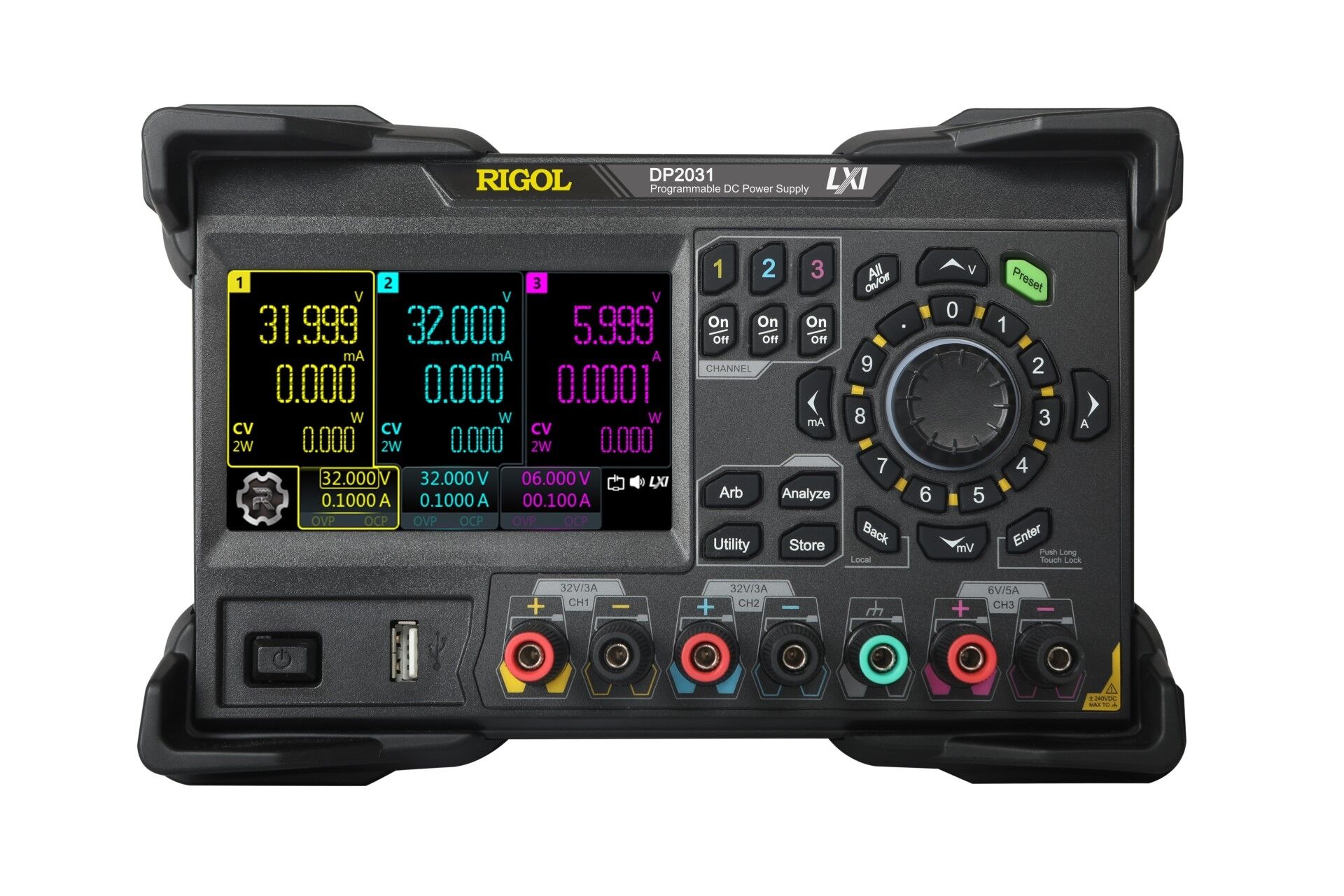 Rigol DP2031 222W 3 İzole Çıkışlı (CH1 / CH2: 0-32V / 0-3A CH3: 0-6V / 0-5A) Programlanabilir DC Güç Kaynağı